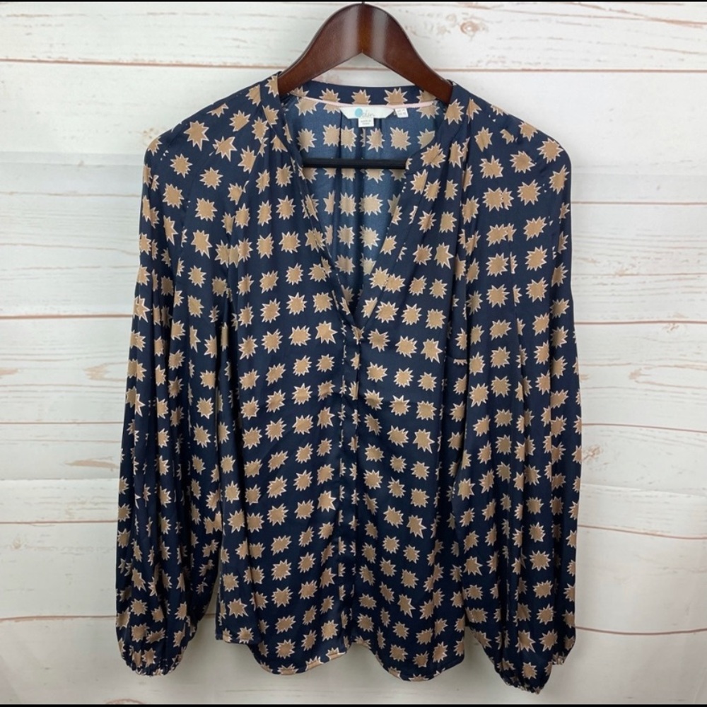 Boden | Blue Tan Print Harriet Split Neck Blouse